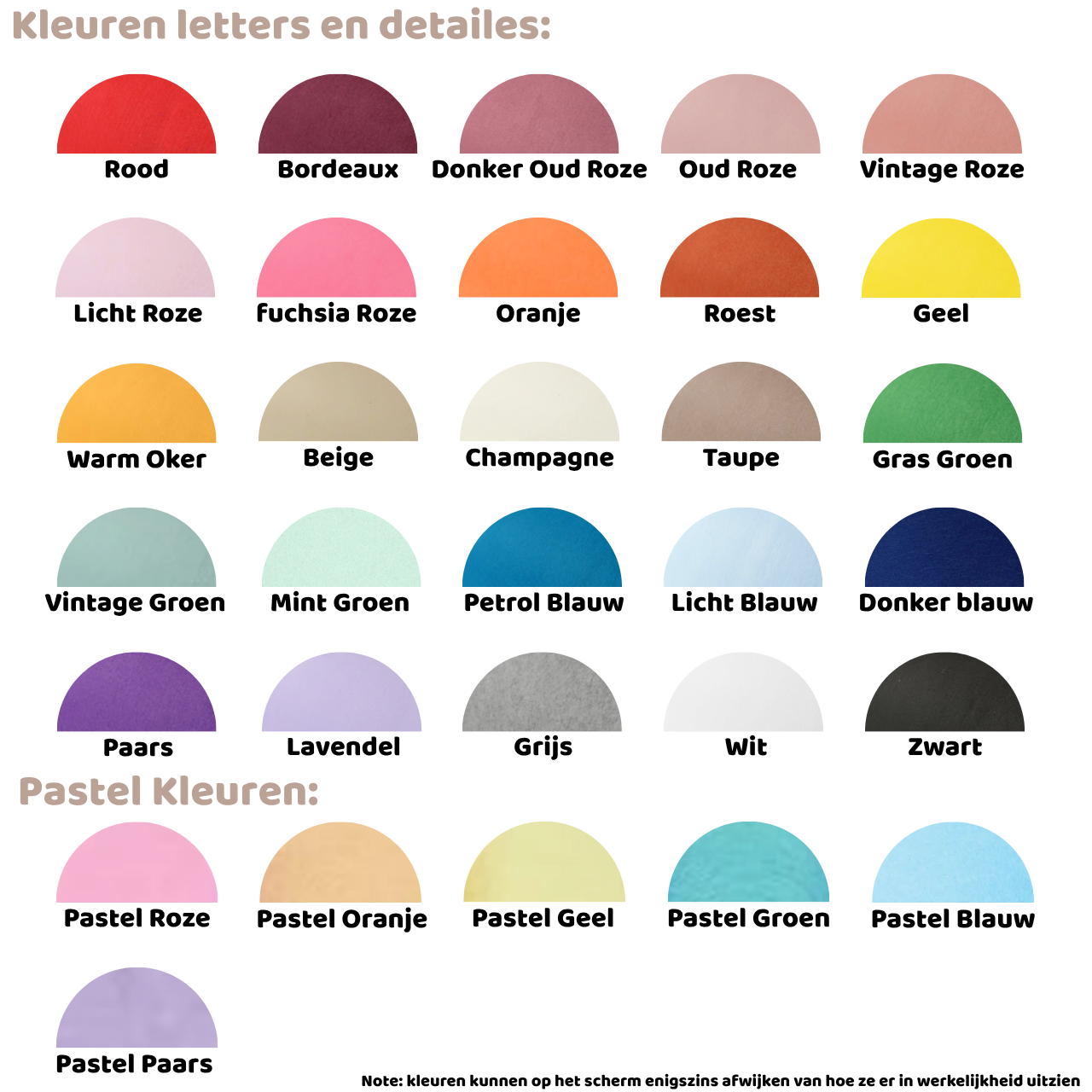 Kleurenkaart met beschikbare kleuren voor de vilten letters en details, weergegeven als halve cirkels. Beschikbaar in dezelfde basiskleuren als de achtergrond — van Rood en Roze tinten tot Groen, Blauw, Paars, Naturel tinten en Zwart — aangevuld met een extra Pastel collectie: Pastel Roze, Pastel Oranje, Pastel Geel, Pastel Groen, Pastel Blauw en Pastel Paars. Kleuren kunnen op het scherm enigszins afwijken van de werkelijkheid.