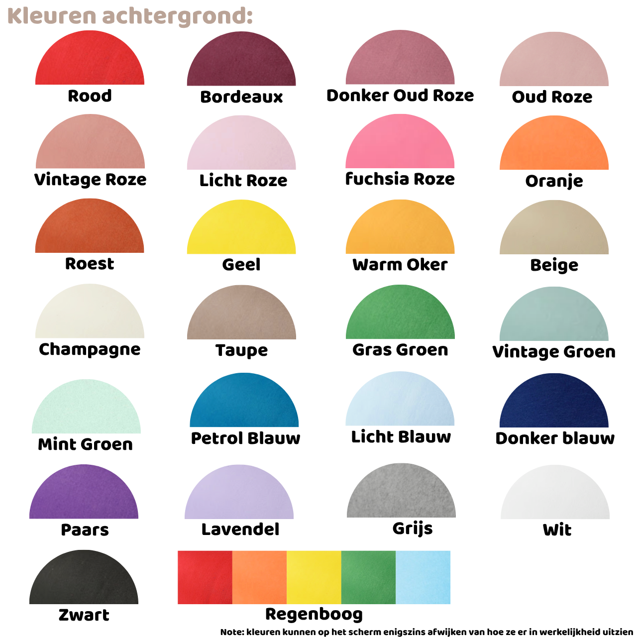 Kleurenkaart met 23 beschikbare achtergrondkleuren voor de vilten vlaggenlijn, weergegeven als halve cirkels. Beschikbare kleuren variëren van Rood, Bordeaux en Roze tinten tot Groen, Blauw, Paars, Naturel tinten en Zwart, inclusief een Regenboog optie. Kleuren kunnen op het scherm enigszins afwijken van de werkelijkheid.