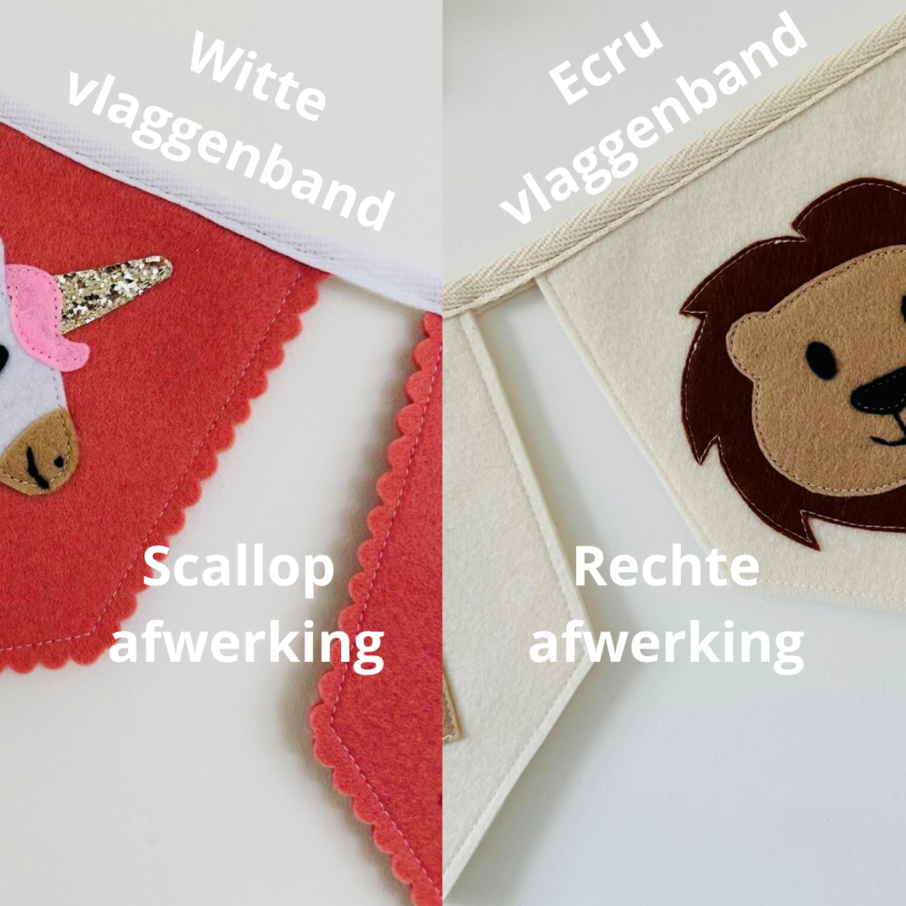 op de afbeelding zie je 2 verschillende soorten randen afwerking. Links scallop en rechts recht.

Daarnaast zie je de 2 kleuren vlaggenband.